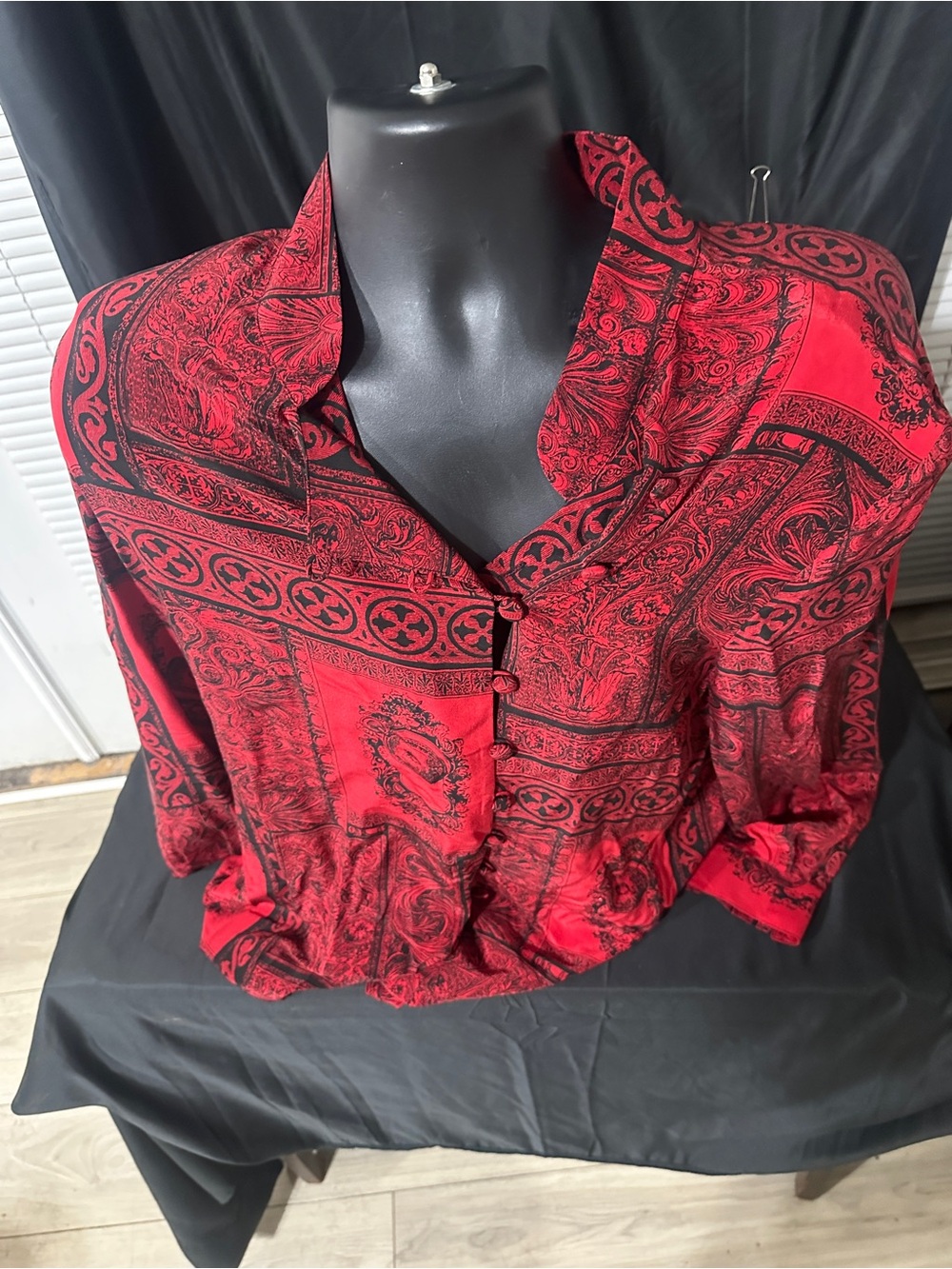 Red Printed Women's Blouse - Nancy crystal 100% silk blouse-size 14-#624